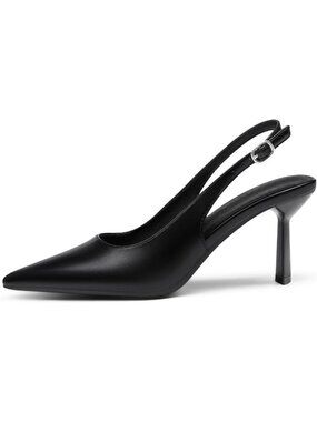 Women's Cool Black Rubber Slingback Kitten Heels Closed Pointed Toe Buckle Pumps